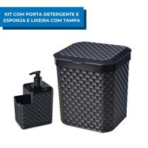 Kit Porta Detergente e Esponja C/ Bico Dosador + Lixeira de Pia C/ Tampa Rattan Preto