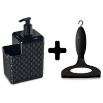 Kit Porta Detergente e Sabonete Líquido + Rodinho De Pia Preto Luxo Rattan Cozinha Banheiro