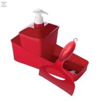 Kit Porta Detergente Suporte Esponja Sabão Cozinha Vermelho com rodinho