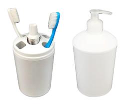 Kit Porta Escova De Dente Dispenser Sabonete Líquido Acessórios Pia Banheiro Branco - Utility