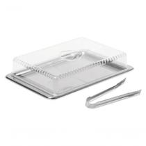 Kit Porta Frios 3 Peças Inox Empilhável (bandeja 27cm X 18,5cm / Cúpula 23cm X 18cm X 5,8cm E Pinça