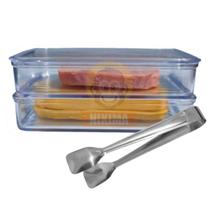 Kit Porta Frios Duplo Empilhável com Tampa em Acrílico Resistente + Pegador de Frios Aço Inox Gold 20cm Cozinha