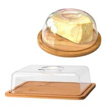 Kit Porta Frios Mantegueira + Queijeira Bambu Com Tampa De Acrílico
