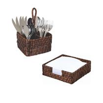 Kit Porta Guardanapo e Porta Talheres Rattan Marrom Rústico Artesanal Mesa Posta Requinte Cozinha