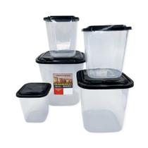 Kit Porta Mantimentos C/ 5 Potes Preto Empilhável BPA Free