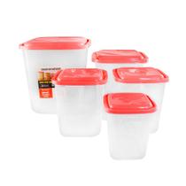 Kit Porta Mantimentos Conjunto Potes Com 5 Peças Uninjet Vermelho Pode ir Freezer Microondas Prático Organizador