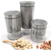 Kit Porta Mantimentos e Condimentos 3 Peças Inox e Vidro Para Cozinha