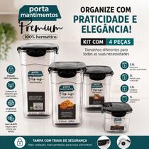 Kit Porta Mantimentos Premium 100 Hermético com 4 Potes 2,5L 2L 1,3L 1L Organização Praticidade Conservação Alimentos Frescos