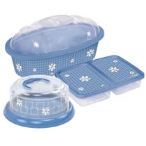 Kit Porta Pães, Porta Frios com Divisória e Queijeira com base de Rosca e Tampa Decorada 3 peças Azul Plasutil