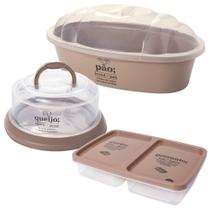 Kit Porta Pães, Porta Frios com Divisória e Queijeira com base de Rosca e Tampa Decorada 3 peças Bege Plasutil