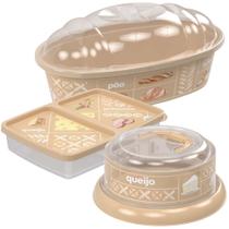 Kit Porta Pães, Porta Frios com Divisória e Queijeira com base de Rosca e Tampa Decorada 3 peças Bege Plasutil