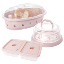 Kit Porta Pães, Porta Frios com Divisória e Queijeira com base de Rosca e Tampa Decorada 3 peças rosa Plasutil