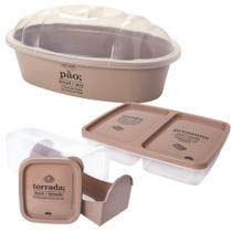 Kit Porta Pães, Porta Torradas com Gaveta Deslizante e Porta Frios com Divisória 3 peças Bege Plasutil
