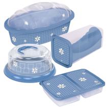 Kit Porta Pães, Porta Torradas, Queijeira Rosca e Porta Frios com Divisória 4 peças Azul Plasutil