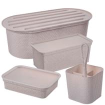 Kit porta pão com migalheira, porta torradas/biscoitos, porta frios e porta talheres c/ Alça Tear Plasutil