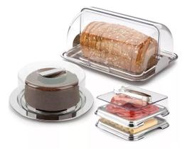 Kit Porta Pão, Porta Frios e Boleira Inox Tampa Pinça Forma