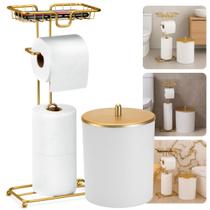 Kit Porta Papel 3 Rolos Apoio Celular Lixeira Redonda 5 Litros Branco E Dourado Banheiro Lavabo Kit Porta Papel 3 Rolos Apoio Celular Lixeira Redonda 5 Litros Branco E Dourado Banheiro Lavabo