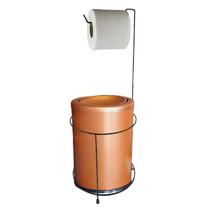 Kit Porta Papel Higiênico Chão Com Lixeira 9,1L Basculante Cesto Lixo Preto Rose Gold Fosco Banheiro - CP