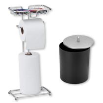 Kit Porta Papel Higiênico Prata e Lixeira Pta Tampa Cromo