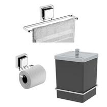 Kit Porta Papel Higiênico Toalheiro 25cm Lixeira 6,5L Com Suporte Ventosa Preto Cromado - Future Kit Porta Papel Higiênico Toalheiro 25cm Lixeira 6,5L Com Suporte Ventosa Preto Cromado - Future