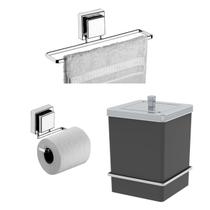 Kit Porta Papel Higiênico Toalheiro 25cm Lixeira 6,5L Com Suporte Ventosa Preto Cromado - Future Kit Porta Papel Higiênico Toalheiro 25cm Lixeira 6,5L Com Suporte Ventosa Preto Cromado - Future