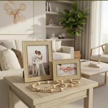 Kit Porta Retrato 15X20 10X15 Texturizado Decoração Mesa Cor:Bege e DouradoNome do desenho:Rustico