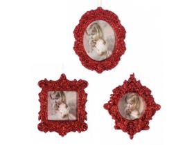 Kit Porta Retrato Gliter Vermelho Para Árvore Natal 10cm 3 Peças - Magizi