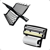 Kit Porta Rolo De Papel Escorredor Pratos Louças Cozinha Preto Kit Porta Rolo De Papel Escorredor Pratos Louças Cozinha Preto