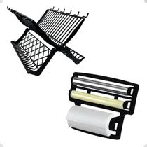 Kit Porta Rolo De Papel Escorredor Pratos Louças Cozinha Preto Kit Porta Rolo De Papel Escorredor Pratos Louças Cozinha Preto