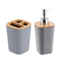 Kit Porta Sabonete Líquido e Porta Escova de Dente Plástico Bambu Branco Preto ou Cinza