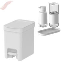 Kit Porta Sabonete Líquido Porta Escovas Bandeja e Lixeira De Banheiro De Pedal 6L Linha Dual