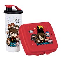 Kit porta sanduíche quadrado e copo com bico infantil harry potter vermelha