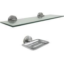 Kit Porta Shampoo Banheiro Inox Suporte Porta Sabonete Box Luxo Kit 2 Peças Prateleira de Vidro Incolor Suporte De Shampoo e Saboneteira Inox Escovado