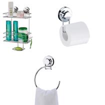 Kit Porta Shampoo + Porta Papel Higiênico + Toalheiro Argola 18 Cm Ventosa