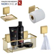 Kit Porta Shampoo Saboneteira Suporte Papel Higiênico Gancho Banheiro Adesivo Dupla Face Dourado - Future Kit Porta Shampoo Saboneteira Suporte Papel Higiênico Gancho Banheiro Adesivo Dupla Face Dourado - Future
