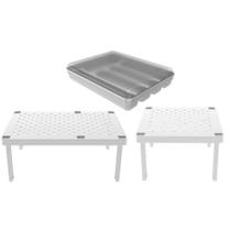 Kit Porta Talheres com Tampa e 2 Prateleiras Organizadoras para Armário OU Branco