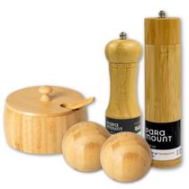 Kit Porta Tempero 2 Saleiros 2 Moedores 100% Bambú Kit Porta Tempero 2 Saleiros 2 Moedores 100% Bambú