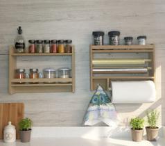 Kit Porta Tempero cozinha condimentos organizador 3 em 1 suporte papel toalha alumínio de madeira