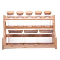 Kit Porta Temperos 8 Potes Vidro Bambu Hermético Rack Kit Porta Temperos 8 Potes Vidro Bambu Hermético Rack