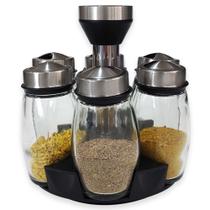 Kit Porta Temperos Completo Giratório em Aço Inox com 6 Potes Vidro Transparente Organizador Condimentos Cozinha Moderna Compacta Elegante Resistente Fácil Limpeza Preserva Aroma - BIGO IMPORTS Kit Porta Temperos Completo Giratório em Aço Inox com 6 Potes Vidro Transparente Organizador Condimentos Cozinha Moderna Compacta Elegante Resistente Fácil Limpeza Preserva Aroma - BIGO IMPORTS