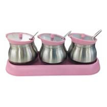 Kit Porta Temperos Condimentos 03 Potes Em Inox E Base Rosa Kit Porta Temperos Condimentos 03 Potes Em Inox E Base Rosa