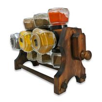 Kit Porta Temperos de Madeira Manivela Gira 12 Potes