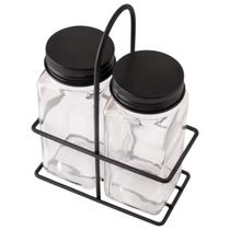 Kit Porta Temperos de Vidro Duplo com Suporte 120ml Saleiro e Pimenteiro