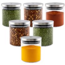 Kit Porta Temperos e Condimentos Vidro Tampa inox 6un 200ml Kit Porta Temperos e Condimentos Vidro Tampa inox 6un 200ml