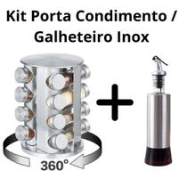 Kit Porta Temperos Giratório 360º em Inox com Galheteiro 300ml Vidro e Inox