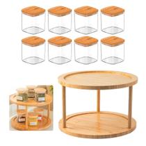 Kit Porta Temperos Giratório Bambu Com 8 Potes Herméticos Kit Porta Temperos Giratório Bambu Com 8 Potes Herméticos