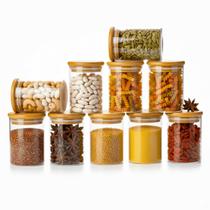 Kit Porta Temperos Potes de Vidro Herméticos Condimentos Cozinha Tampa Bambu 10 peças 250ml