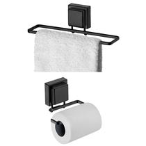 Kit Porta Toalha 25cm Suporte Toalheiro Papel Higiênico Ventosa Banheiro Preto Fosco - Future