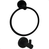 Kit Porta Toalha Argola Preto Fosco Toalheiro Inox Redondo E Cabide Gancho Simples Suporte Parede Banheiro Jogo