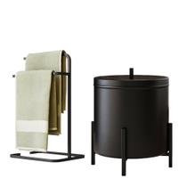 Kit Porta Toalha Duplo e Lixeira Para Banheiro Level Preto